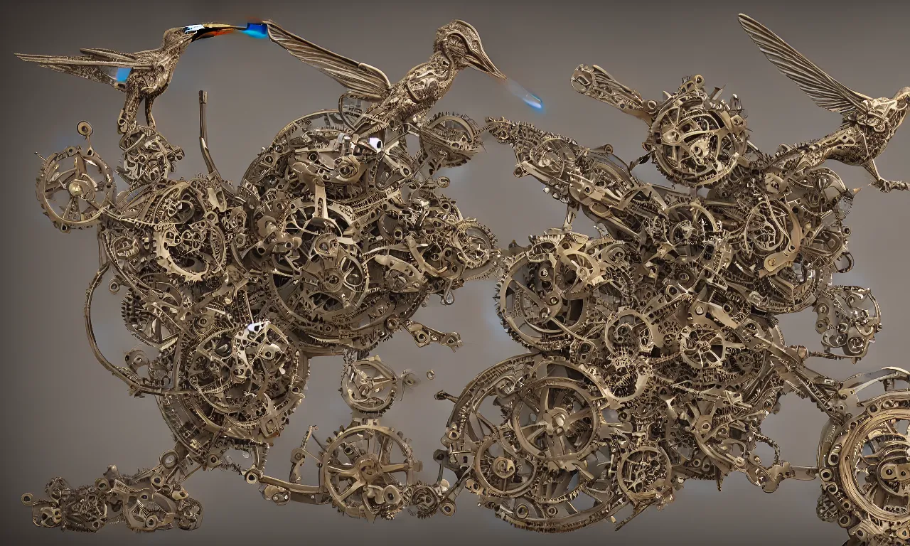 Prompt: diagram of a single mechanical hummingbird with lots of gears and screws, ornamental,photorealistic, elaborate, highly detailed, ornate, shiny, octane render, style by John Salt,