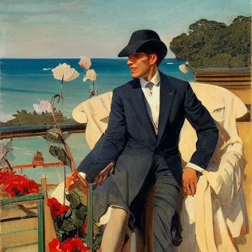 Prompt: a portrait of emmanuel macron wearing a straw hat in a scenic environment by j. c. leyendecker