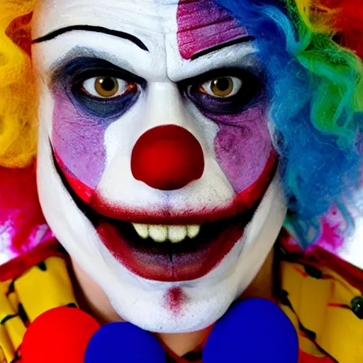 Image similar to mattia binotto, clown makeup, widelens, realistic, hdr, red clown nose, colorful wig