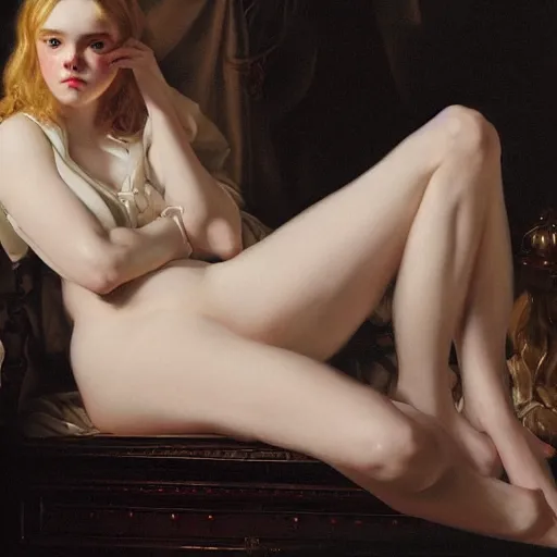 Image similar to Elle Fanning in a dark room, artstation, by J. C. Leyendecker and Peter Paul Rubens, Extremely detailed. 4K. Award winning.