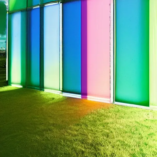 Image similar to a pastel coloured Polaroid photo of a minimalist sunbed made of transparent iridescent perspex stood in a field, beams of light, nostalgic