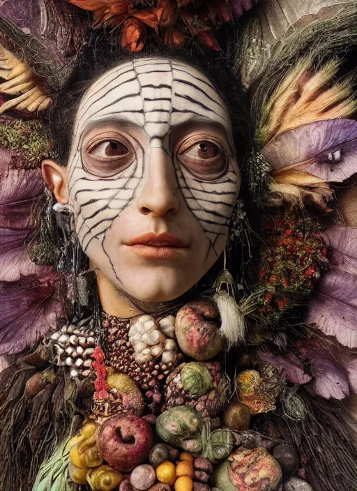 Prompt: a surrealist painting of a beautiful feminine shaman's face, 3 d render, in the style of giuseppe arcimboldo, symbolist, soft colors, dramatic lighting, smooth!, sharp focus, extremely detailed!, aesthetically pleasing composition, octane render