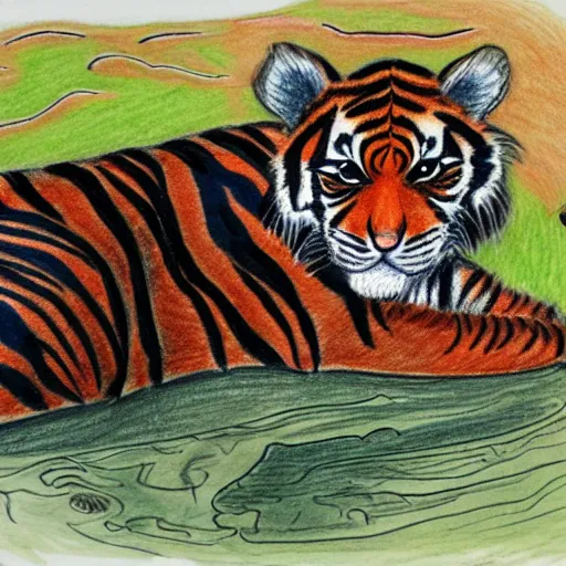 Prompt: drawing of a tiger cubs sleeping in a pond of black oil, red ballpoint pen, outsider art style