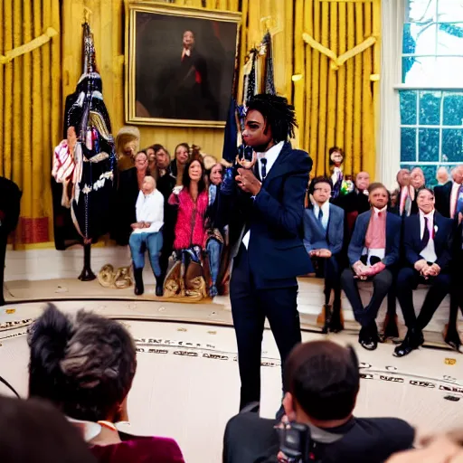 Prompt: professional photograph of Playboi Carti making an inauguration speech at the white house, 8k, cinematic, dslr,