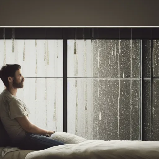 Prompt: a man looking out a window while sitting on a bed in a dark room inside another person's head and it is raining heavily outside cinematic photorealistic 8k octane render exquisite detail