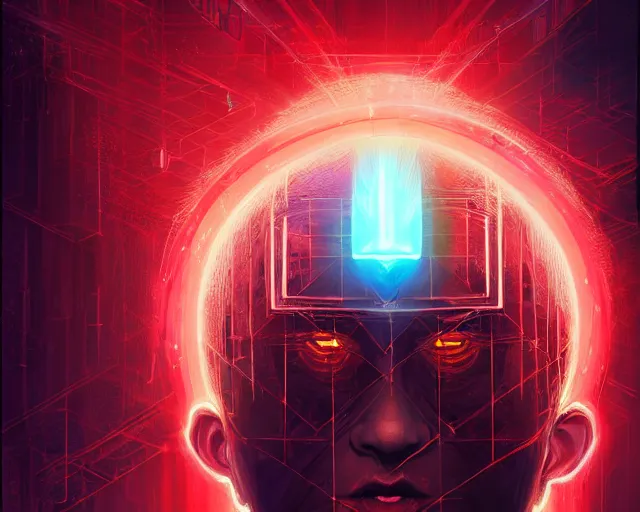 Image similar to portrait of fantasy wizard with halo of red cubes intricate abstract. intricate artwork, by tooth wu, wlop, beeple, dan mumford. concept art, octane render, trending on artstation, greg rutkowski very coherent symmetrical artwork. cinematic, key art, hyper realism, high detail, octane render, 8 k, iridescent accents
