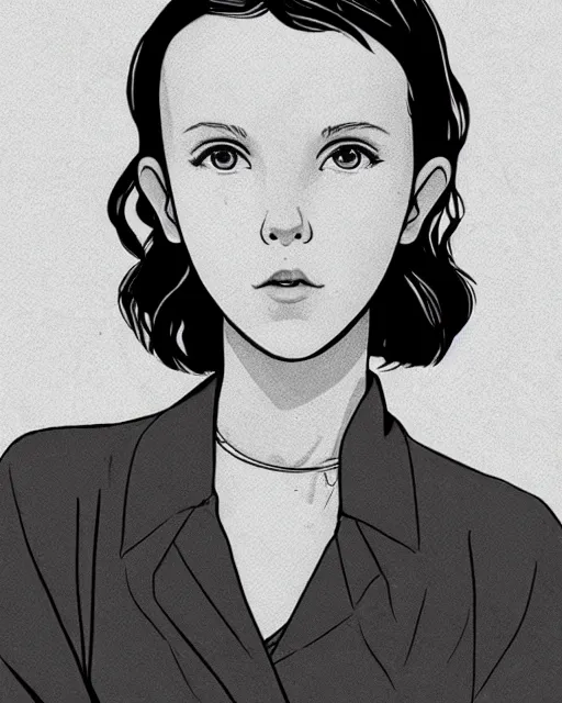 Image similar to Millie Bobby Brown in black and white anime