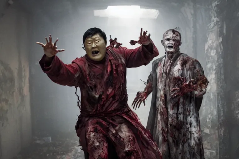 Image similar to film still of zombie zombie Benedict Wong as a zombie in full robes opening a sling portal in new avengers movie, 4k