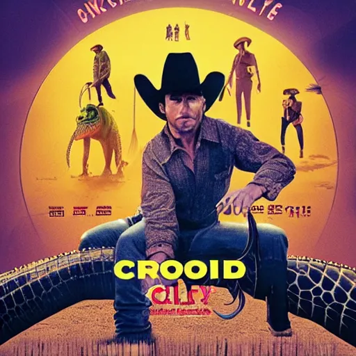 Prompt: a movie poster of a crocodile cowboy