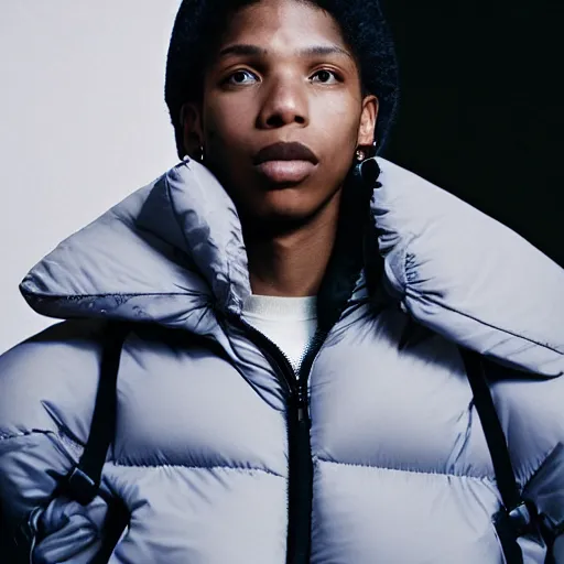 Image similar to realistic photoshooting for a new issey miyake lookbook, color film photography, portrait of a beautiful woman, model is wearing a puffer jacket, in style of tyler mitchell, 3 5 mm,