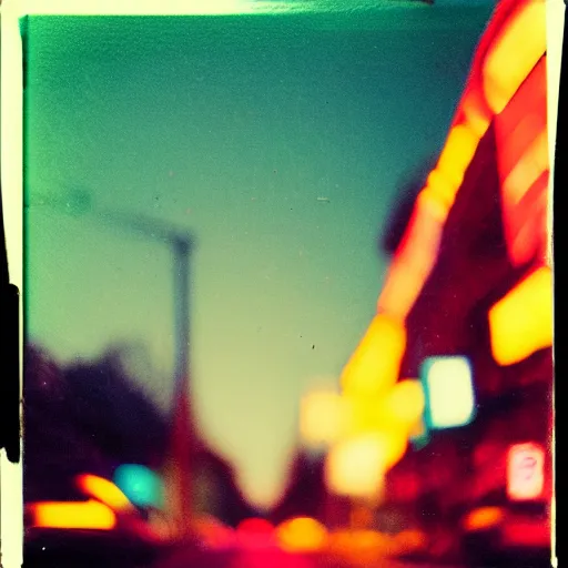 Image similar to colorful instant photograph of the middle of the street at night, polaroid, light leak, raw, nostalgic