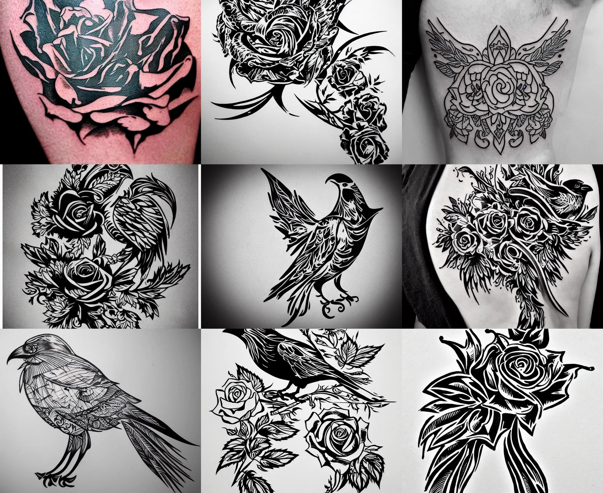 Prompt: Tattoo Stencil stylized crow rose Raven, bold strong lines very highly aesthetic