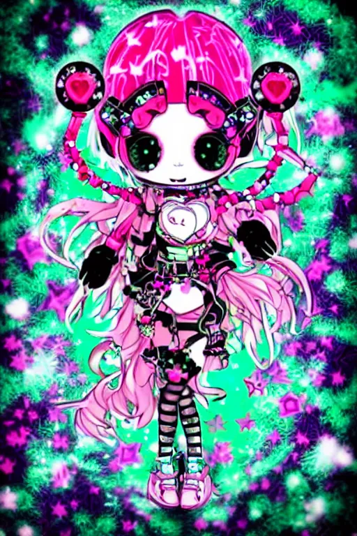 Image similar to cybergoth decora glitchcore yokai girl, sanrio ornaments, pastel cute cinematography | spiked korean bloodmoon sigil stars draincore, gothic demon hellfire hexed witchcore aesthetic, dark vhs gothic hearts, neon glyphs spiked with red maroon glitter breakcore Y2K horrorcore metal album cover