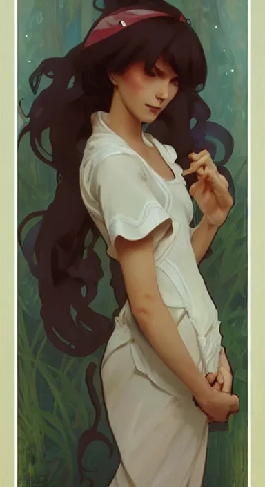 Prompt: Portrait of May from Pokemon. Beautiful digital art by Greg Rutkowski and Alphonse Mucha