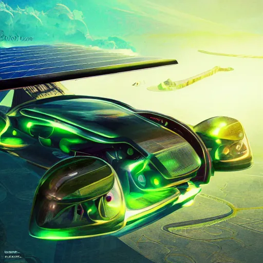 Image similar to solarpunk hovercar, clean energy, green technology, batoidea shape, airspace, sunny day, futurism, intricate, engines, glow, highly detailed, peaceful, utopia, bright, digital painting, artstation, concept art, smooth, sharp focus, epic landscape, art by akihiko yoshida and tim mcburnie and anato finnstark