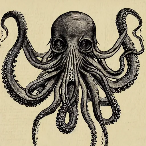 Image similar to necronomicon sketch of an ancient octopus monster, faded parchment, descriptions, aged, highly detailed, 8 k,