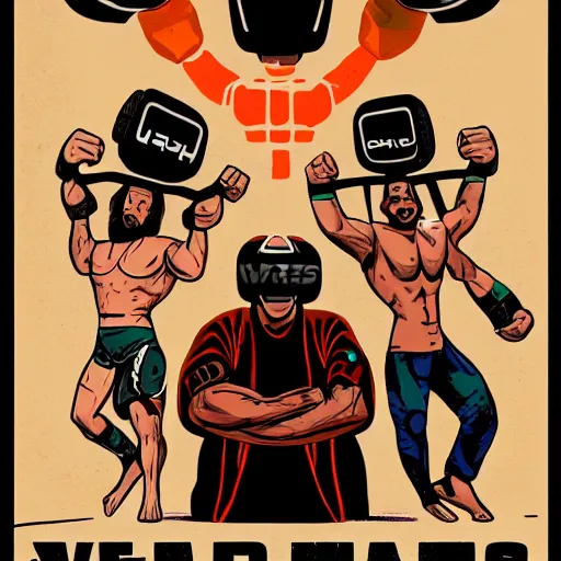 Image similar to poster art of wrestlers wearing vr headsets shrugging, shruggin arms, gta cover, apex legends, tap out, ufc, 8 k, hd, professional digital illustration by sam spratt