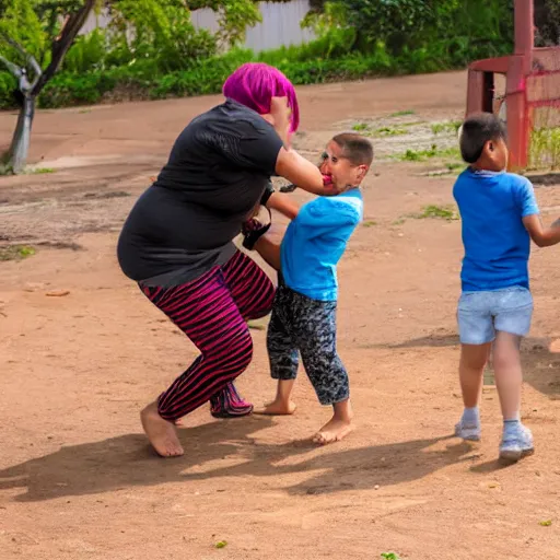 Prompt: a woman fighting three 5 year old kids and beating them up, photo, 8k