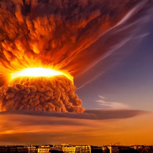 Image similar to photo of a nuclear explosion in paris, 8 k uhd, wide angle