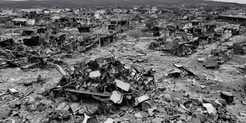 Image similar to A wide angle photo of destroyed town with tank's wreckles