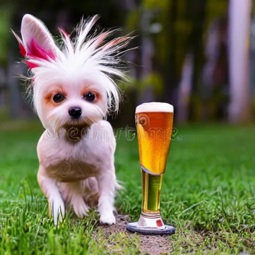 Image similar to a small dog with a red mohawk drinking beer, stock photo