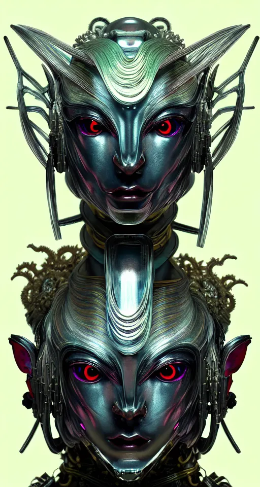 Image similar to asura from chinese myth, ghost, gorgeous and huge head ornaments, dystopian, cyberpunk, organic fractal mycelum and fungi, mecha, halfturn portrait of a big crystal face made of crystals half - turn, ominous, intricate, studio, art by anthony macbain + greg rutkowski + alphonse mucha, concept art, 4 k, sharp focus