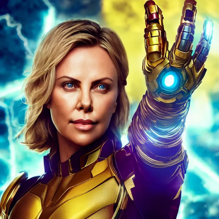 Image similar to portrait of ((Charlize Theron)), wearing The Infinity Gauntlet. SNAP. intricate artwork. octane render, trending on artstation, avengers. thanos. cinematic, hyper realism, high detail, octane render, 8k, iridescent accents