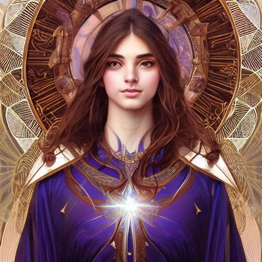 Image similar to beautiful celestial mage, sparkling eyes, stars in her eyes, shining eyes, grinning, elegant, enticing, sharp features, brown flowing hair, traditional roman armor, highly detailed, digital painting, artstation, concept art, smooth, sharp focus, beautiful face, expressive eyes, illustration, art by Artgerm and greg rutkowski and alphonse mucha