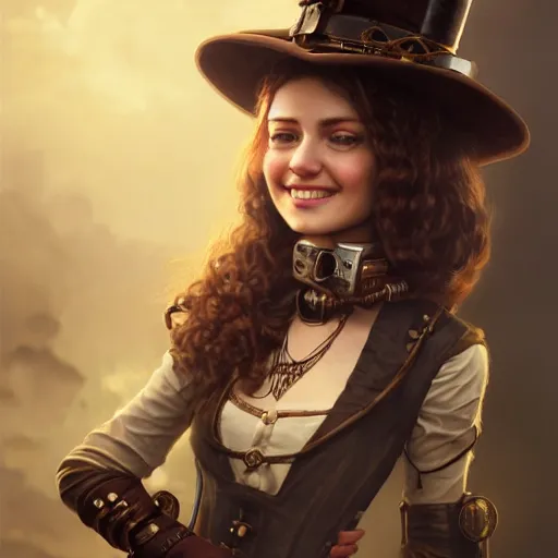Prompt: smiling steampunk girl portrait, realistic, 8 k, extremely detailed, cgi, trending on artstation, hyper - realistic render, 4 k hd wallpaper, premium prints available, by greg rutkowski