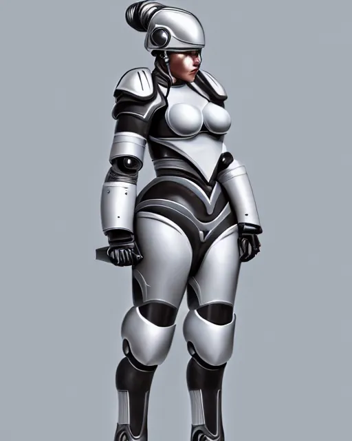 Image similar to concept art of a thicc female futurstic warrior, wearing a robotic white helmet, futurstic smooth slim fitted armor, sleek design, aerodynamic design, holding a large futurstic robotic bow | | epic - fine - clean, polished, trending on artstation, brush strokes