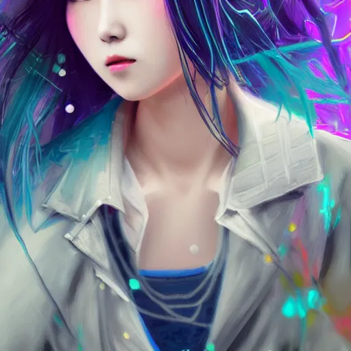 Prompt: a digital painting of jang yoon - ju in the rain with blue hair, cute - fine - face, pretty face, cyberpunk art by sim sa - jeong, cgsociety, synchromism, detailed painting, glowing neon, digital illustration, perfect face, extremely fine details, realistic shaded lighting, dynamic colorful background