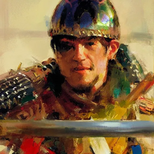 Image similar to close - up portrait of colorful rider holding jousting lance, caparisons, chainmail, by greg manchess, bernie fuchs, ruan jia, walter everett