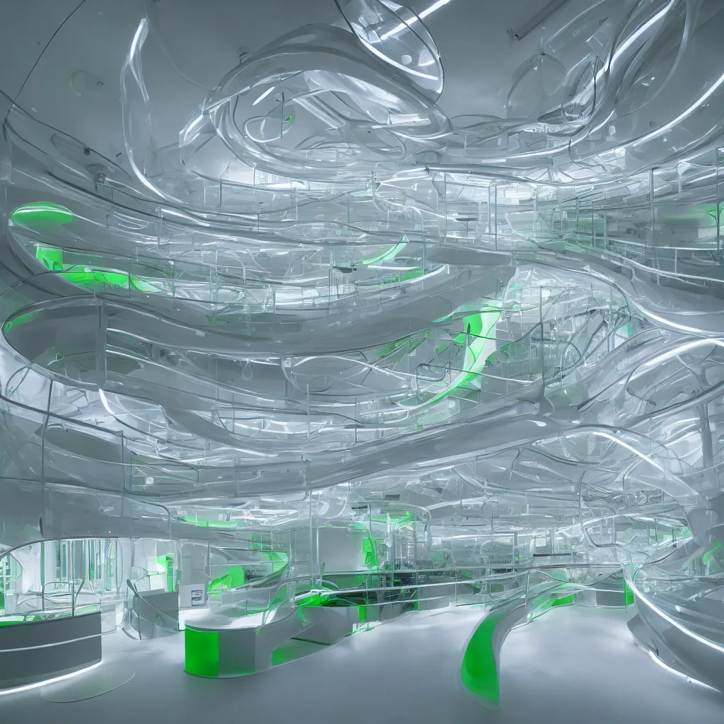 Prompt: “ a visually impressive interior smoothly fluid curve structure of a research laboratory in bio luminescent with algae, soft clean lines and satisfying forms, highly detailed in 4 k ”