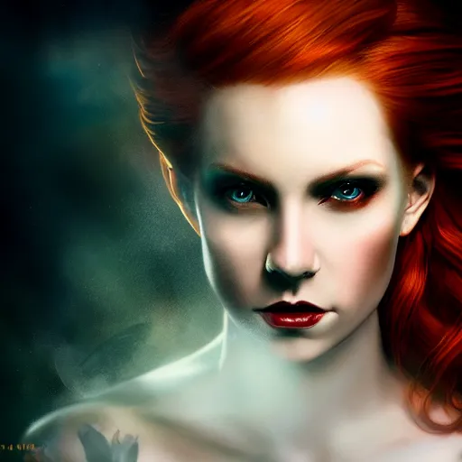 Image similar to majestic gracious regal aristocratic female red haired vampire portrait, atmospheric lighting, painted, seductive, menacing, intricate, volumetric lighting, beautiful, rich deep colours masterpiece, golden hour, sharp focus, ultra detailed, by leesha hannigan, ross tran, thierry doizon, kai carpenter, ignacio fernandez rios