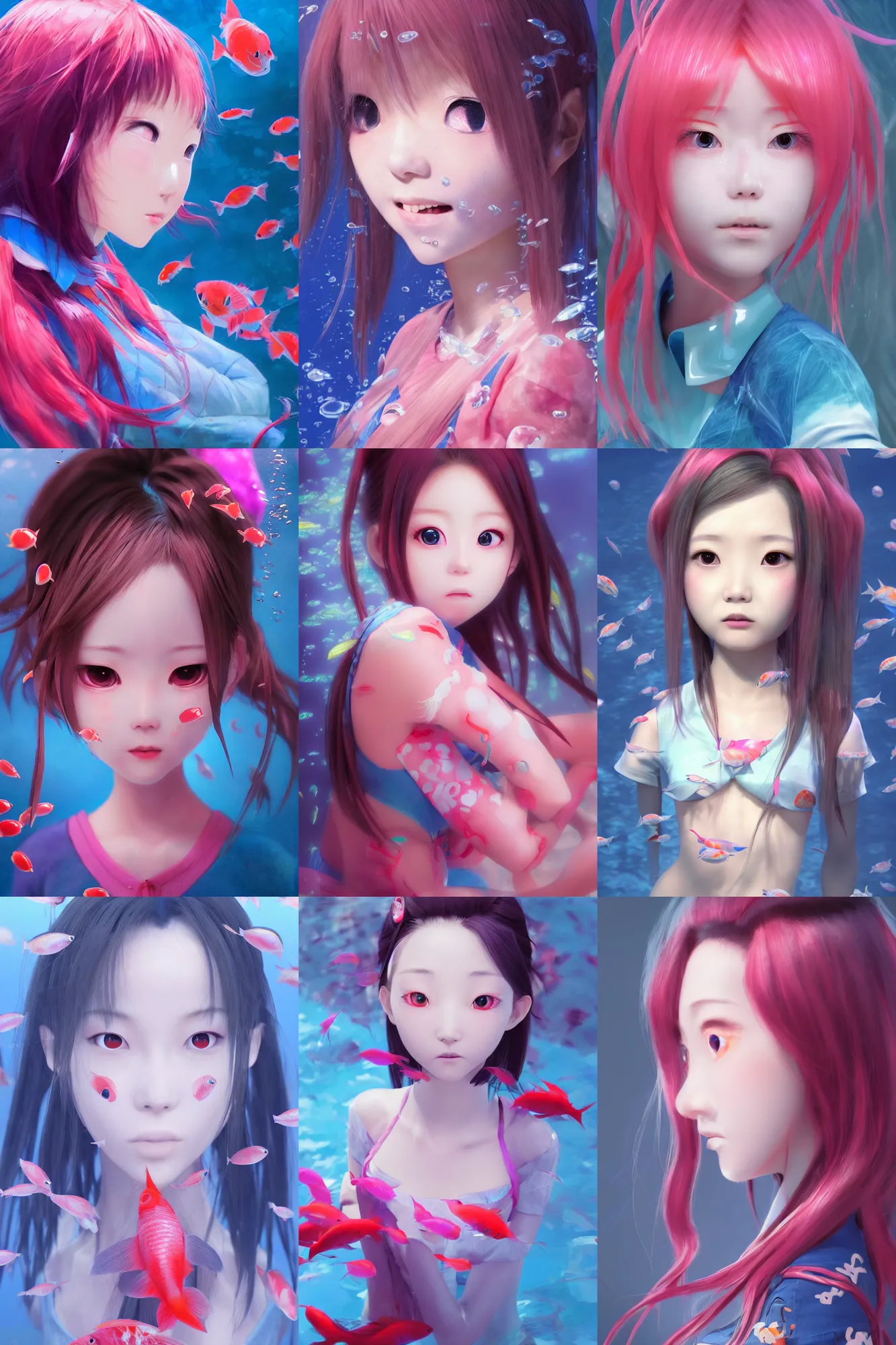 Prompt: 3d infrared octane render concept art by D. Jun, by Mo Xiang Tong Xiu, by Igarashi Daisuke, cute beauty complex portrait anime funny schoolgirl under dark pink and blue underwater. koi fish. beautiful and cutest sad face. dramatic deep light, trending on artstation, oil painting brush