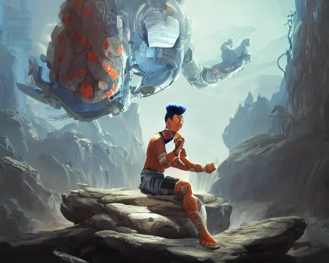 Prompt: an insanely detailed painting of an asian man wearing a homemade superhero costume, sitting at a desk, staring at the nervously at the computer and typing, in the style of peter mohrbacher, dramatic lighting and composition, surreal background, octane render, pixar, trending on artstation, concept art, comic book, view from behind