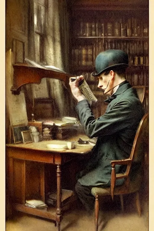 Image similar to ( ( ( ( ( 1 9 5 0 s 1 9 th century sherlock holmes interior study 2 2 1 b baker street, london. muted colors. ) ) ) ) ) by jean - baptiste monge!!!!!!!!!!!!!!!!!!!!!!!!!!!!!!