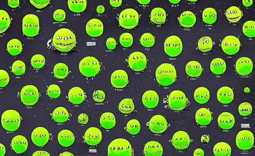 Prompt: an army of different green tennis ball monsters, in space, digital art, fantasy, magic, chalk, trending on artstation, ultra detailed, detailed, fine details, professional illustration by basil gogos