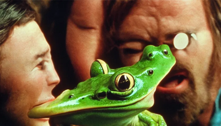 Prompt: 70s movie still of a man yelling with frog in the mouth, eastmancolor, heavy grain, high quality, higly detailed, liminal space