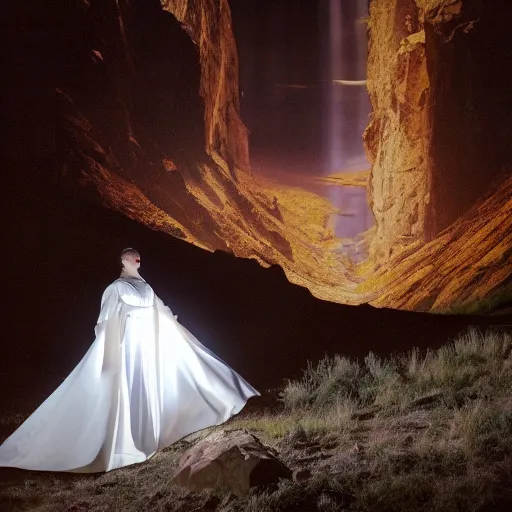 Prompt: photo, a woman wearing a giant flowing white dress that contains a massive illuminated photograph of a vintage western cowboy movie, standing inside a dark western rocky scenic landscape, volumetric lighting