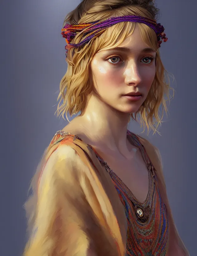 Prompt: portrait of a young woman wearing a boho dress, hippie girl, short blonde hair, groovy hairband, bangs, intricate, smooth, groovy lighting, highly detailed, digital painting, artstation, concept art, smooth, sharp focus, illustration, art by wlop, mars ravelo and greg rutkowski