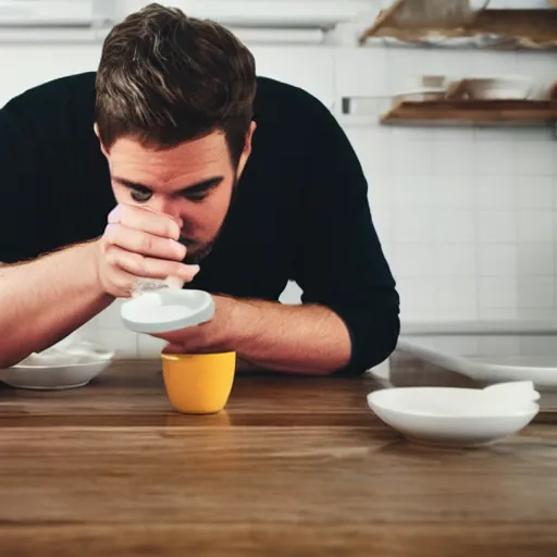 Image similar to a man peeking above a table and looking at a spoon