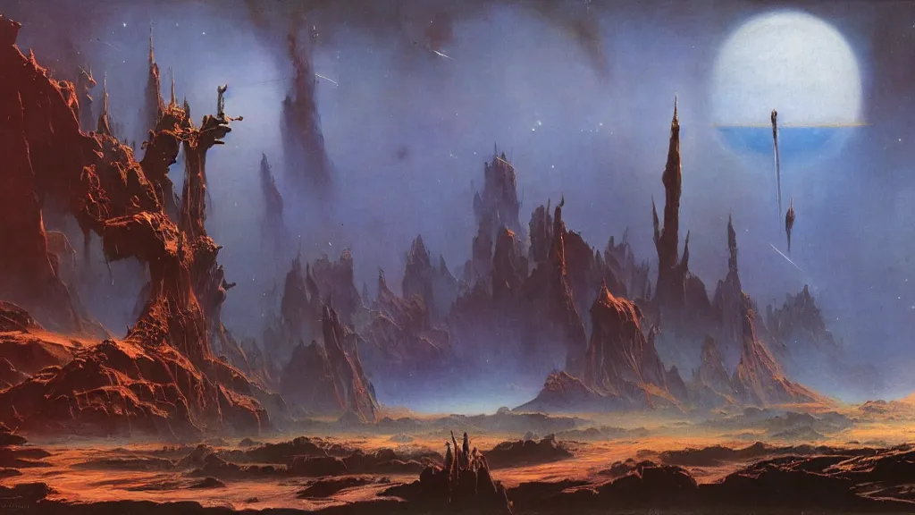 Image similar to journey to the end of the universe by frank frazetta and bruce pennington, cinematic matte painting