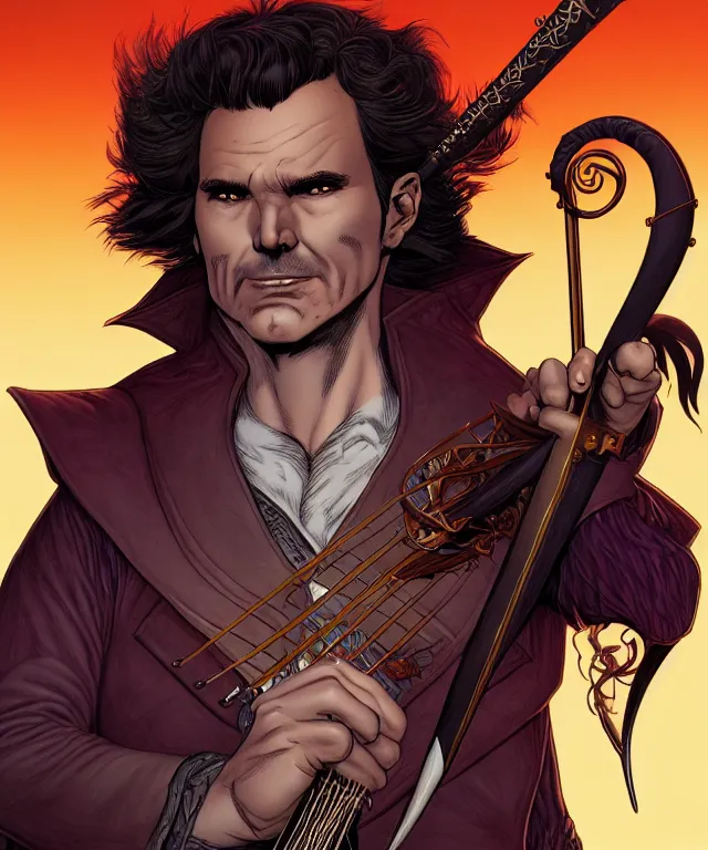 Image similar to a ( fantasy comic ) ( cover art ) portrait of a suspicious bard who looks like ( norm macdonald ), digital illustration by jenny frison and sana takeda and kentaro miura, fine inking lines, vivid colors, dnd, highly detailed!, hd, 4 k, trending on artstation