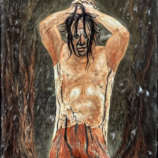 Image similar to The performance art shows a man caught in a storm, buffeted by wind and rain. He clings to a tree for support, but the tree is bent nearly double by the force of the storm. The man's clothing is soaked through and his hair is plastered to his head. His face is contorted with fear and effort. burnt sienna by Adonna Khare, by Syd Mead turbulent