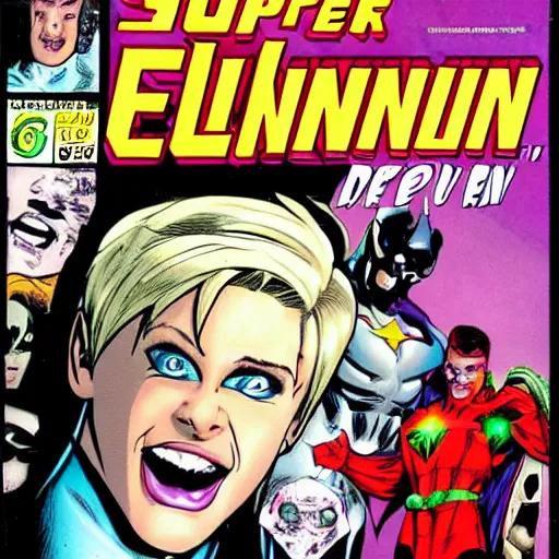 Prompt: comic book cover from 1998, super villain Ellen DeGeneres