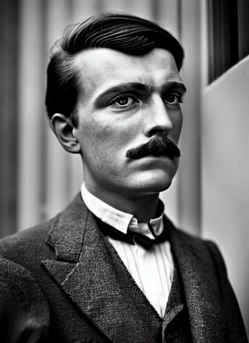 Prompt: close up portrait of a young edwardian politician on a balcony, male, edwardian, formal, detailed face, deep focus, movie still, dramatic lighting, ray tracing, by hendrik kerstens and paolo roversi