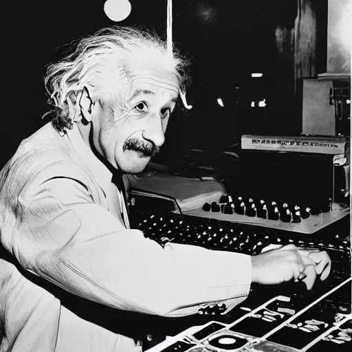 Prompt: color photograph of Albert Einstein DJ at a nightclub