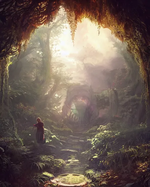Image similar to a child looking at a dimensional portal in the hidden garden, scare, environment art, fantasy art, landscape art, in the style of greg rutkowski, illustration, epic, fantasy, intricate, hyper detailed, artstation, concept art, smooth, sharp focus, ray tracing