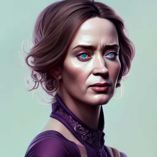 Image similar to character concept portrait of emily blunt, beautiful voluminous muscular tall healthy and virtuous. modestly clothed, intricate, elegant, highly detailed, digital painting, artstation, concept art, symmetry, smooth, sharp focus, illustration, art by mandy jurgens and alphonse mucha and alena aenami